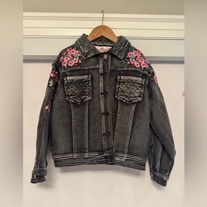 MonnaLisa Dark Denim Jacket with Pink Floral Embroidery